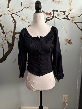 Women’s Navy Peasant Blouse with Button Front